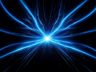 Fototapeta premium Abstract image depicting vibrant blue energy streams converging at a central bright point, radiating outwards in a symmetrical pattern against a black background. The effect suggests power, speed, an