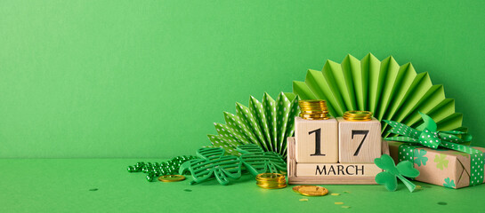 Festive St. Patrick's Day arrangement with green elements, shamrock decor, and a calendar date...