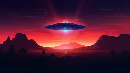 UFO in a captivating atmosphere descending over a desert landscape at dusk with copy space