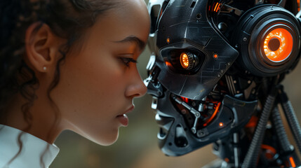 Fototapeta premium Modern Love Story Woman and Male Robot Machine