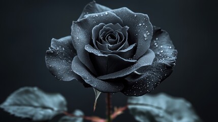 Black rose with droplets on petals against a dark background, highlighting its unique beauty and elegance. Generative AI