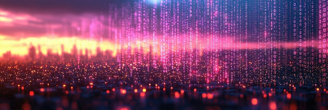 Futuristic city skyline with digital rain of binary code at sunset.