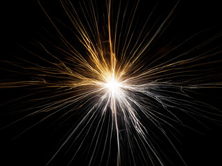 A radiant burst of light, emanating from a central point, explodes outwards in streaks of gold and silver against a black backdrop.  The energy is intense and dynamic, creating a sense of movement and