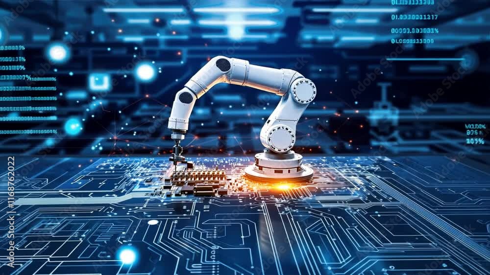 Poster robotic arm assembling circuit board futuristic look at automation, electronics, and innovation in i