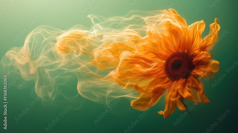 Poster bright sunflower blooms with swirling colors creating a dynamic effect in a serene setting. generati