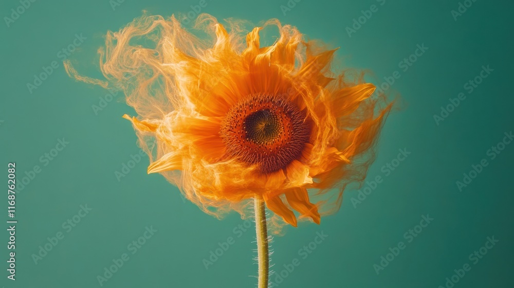 Poster sunflower with vibrant flames creating a striking visual against a solid teal background. generative