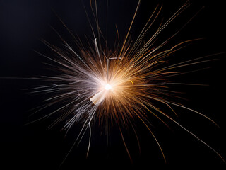 Fototapeta premium A vibrant sparkler bursts against a dark background, radiating bright light and fiery trails. Its brilliance illuminates the night with a dazzling display of energy.
