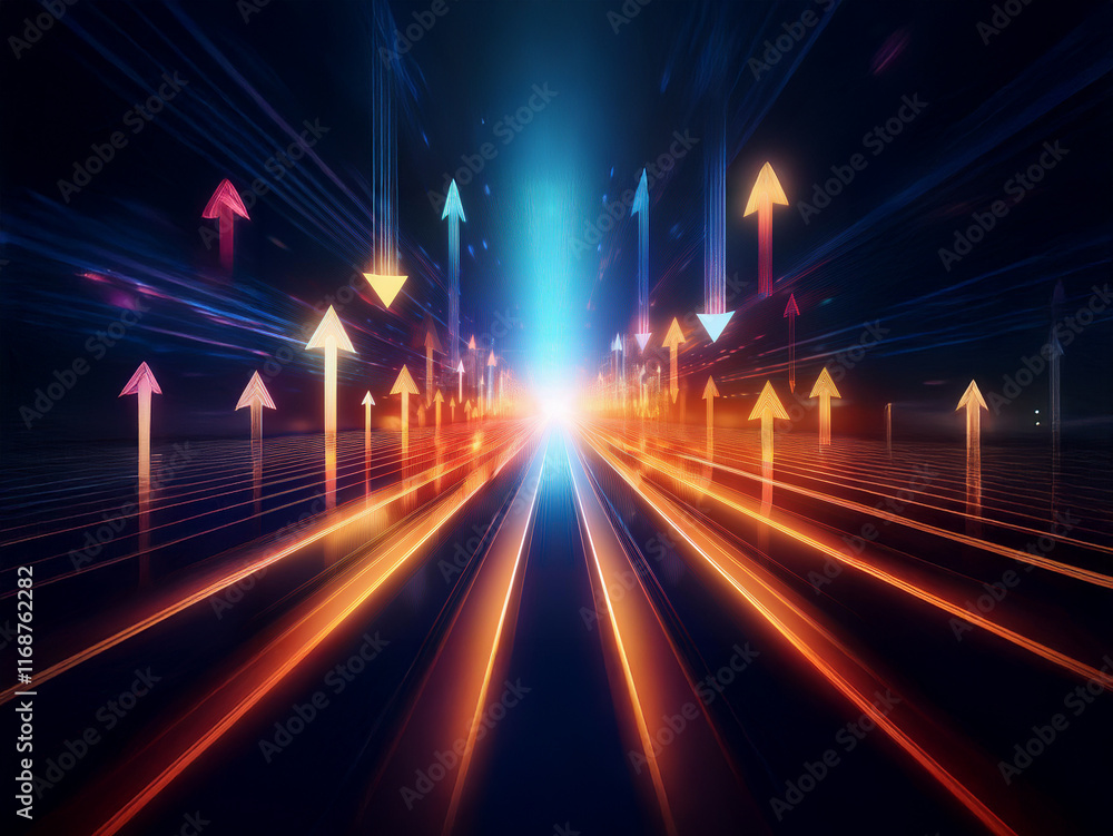 Poster Abstract digital art depicting a glowing highway of light streaks and upward-pointing arrows, symbolizing growth and progress.  A vibrant, futuristic concept.
