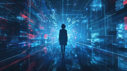 businesswoman in metaverse, digital transformation conceptual for next generation technology era.