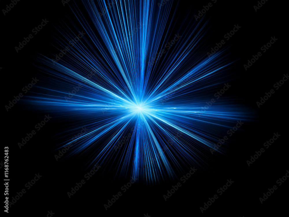Poster A burst of vibrant blue light explodes from a central point against a stark black background, creating a dynamic and energetic visual.  The light streaks radiate outwards, suggesting speed and power.