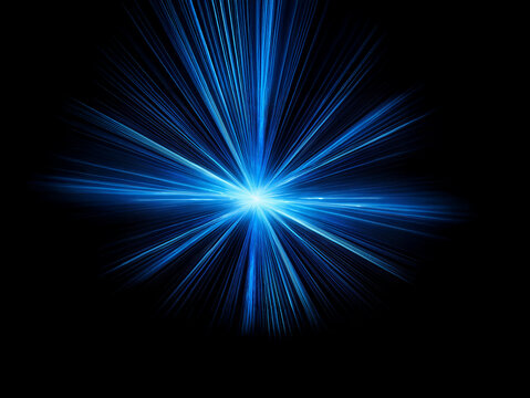A burst of vibrant blue light explodes from a central point against a stark black background, creating a dynamic and energetic visual.  The light streaks radiate outwards, suggesting speed and power.