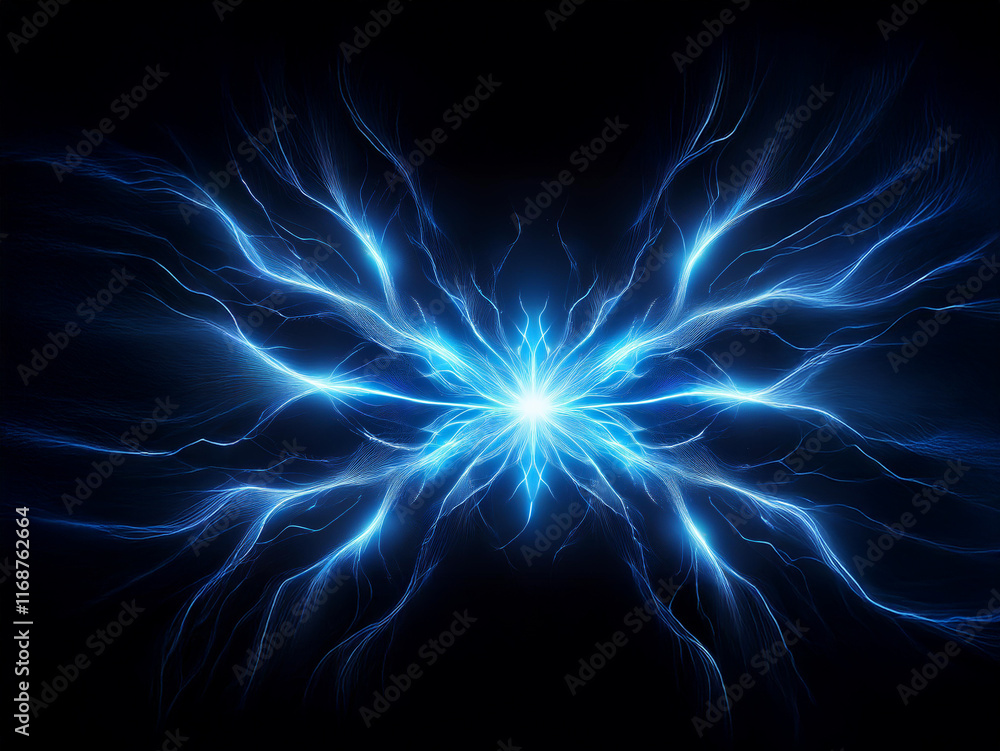 Poster intricate glowing blue energy forms a butterfly-like shape against a black background. the central l