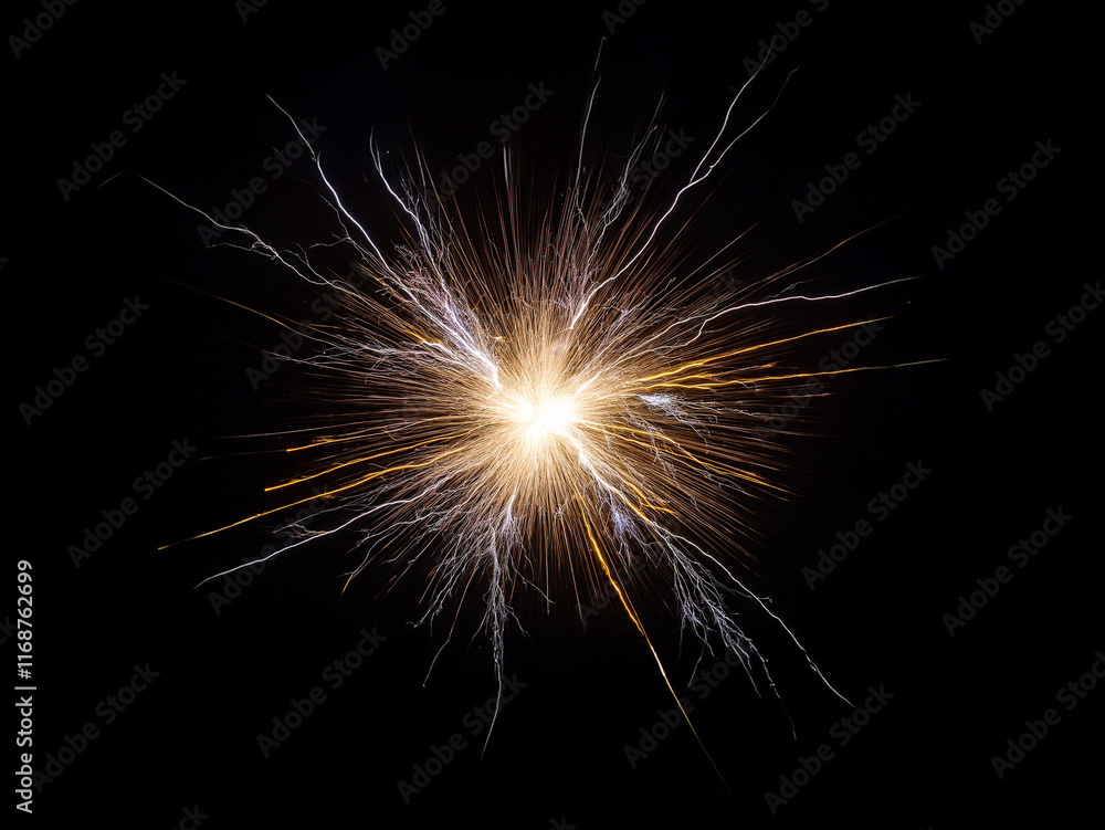 Poster A radiant burst of light and energy explodes against a stark black background, creating a mesmerizing display of sparking lines and glowing embers.  The image evokes feelings of power and intensity.