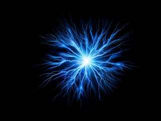 Fototapeta premium A vibrant blue energy burst radiates outwards, resembling an electrical discharge or a celestial explosion against a stark black backdrop. Intense, glowing, and dynamic.