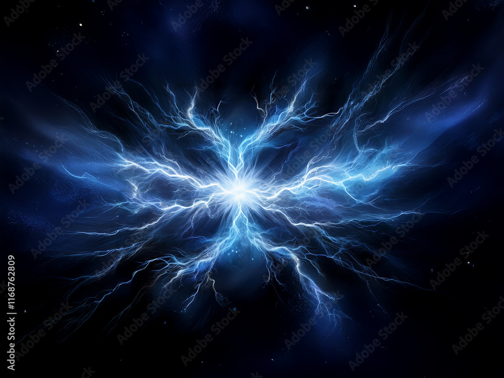Poster A vibrant, blue energy burst explodes across a dark, starlit void.  Intricate lightning-like patterns radiate outwards from a central point of intense light.