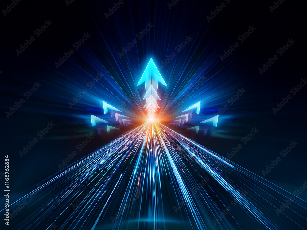Poster glowing blue arrows converge on a bright center, radiating energy and symbolizing rapid advancement 