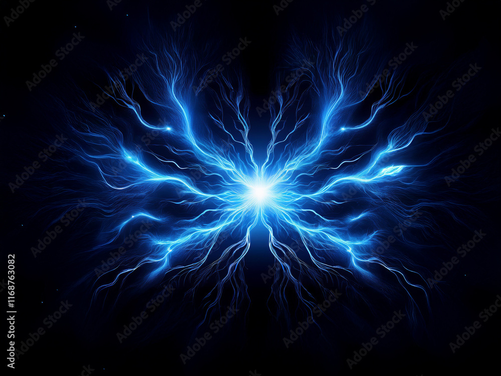 Poster a luminous, blue energy formation resembles a butterfly, radiating from a central point of light aga