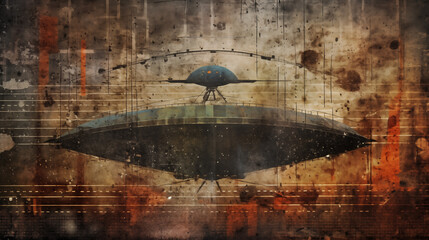 Vintage-style UFO illustration with a textured background and artistic splashes of color