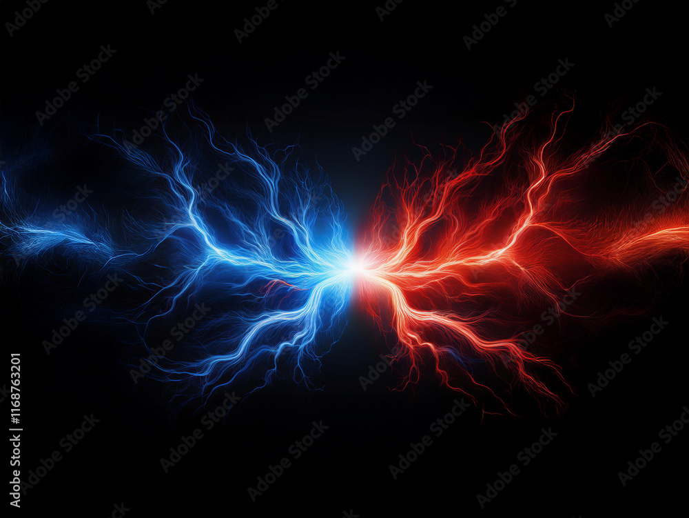 Fototapete Clashing currents of vibrant blue and red energy collide in a dark void, creating a mesmerizing display of opposing forces.  A powerful visual representation of duality and conflict.