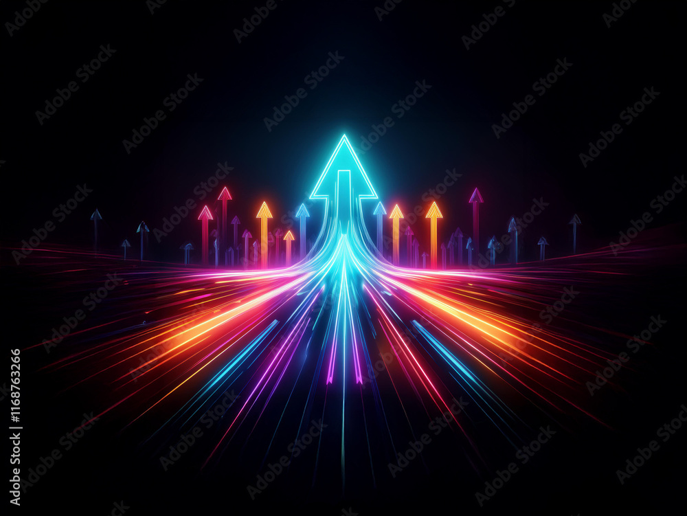 Poster vibrant neon arrows converge on a central, larger arrow, symbolizing growth and upward trajectory. l