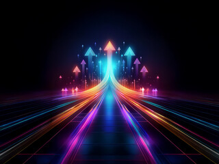 Glowing arrows ascend a vibrant, futuristic highway, symbolizing growth and progress on a digital path.  The neon lights illuminate the road ahead, signifying opportunity and advancement.