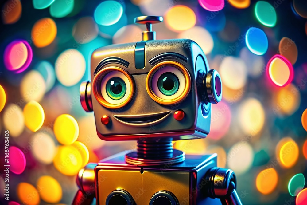 Poster funny robot character with bokeh background - flat design stock photo
