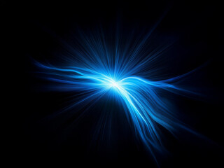 Obraz premium Intense blue light energy bursts from a central point, radiating outwards in dynamic, swirling streams against a pitch-black backdrop. The light appears ethereal and powerful.