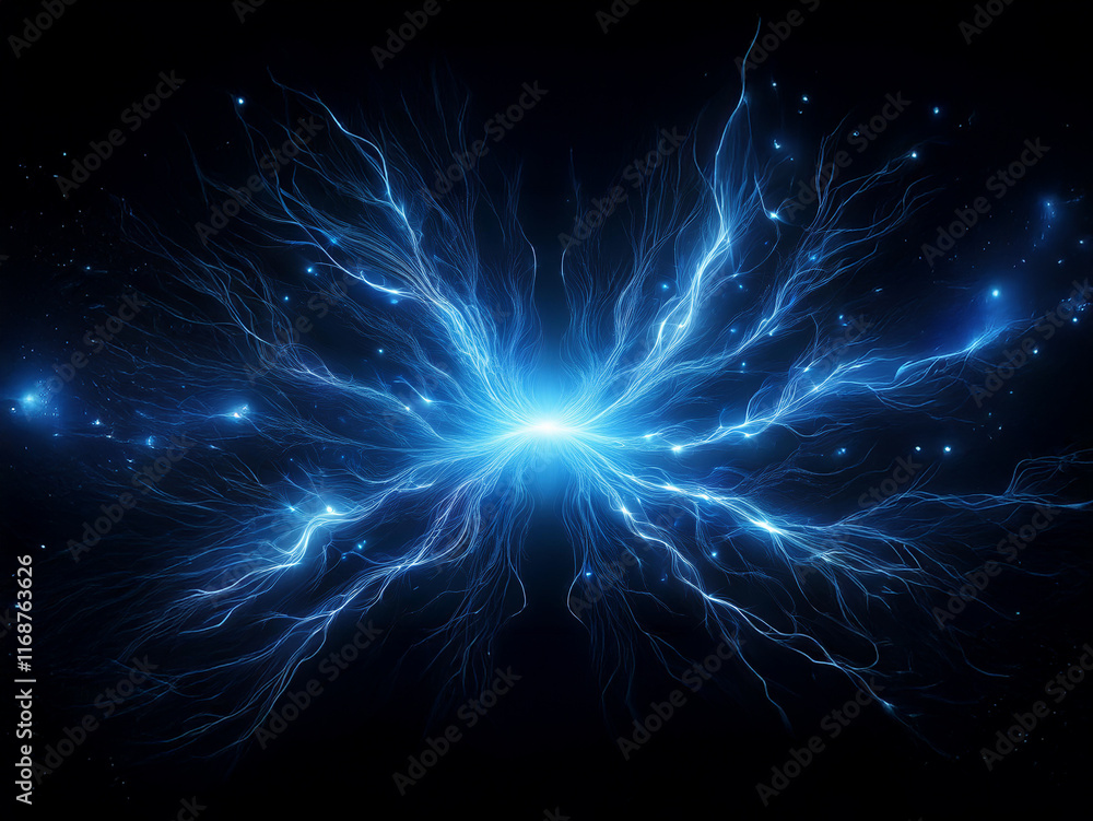 Poster intense blue energy bursts from a central point, radiating outward in a mesmerizing, fractal pattern