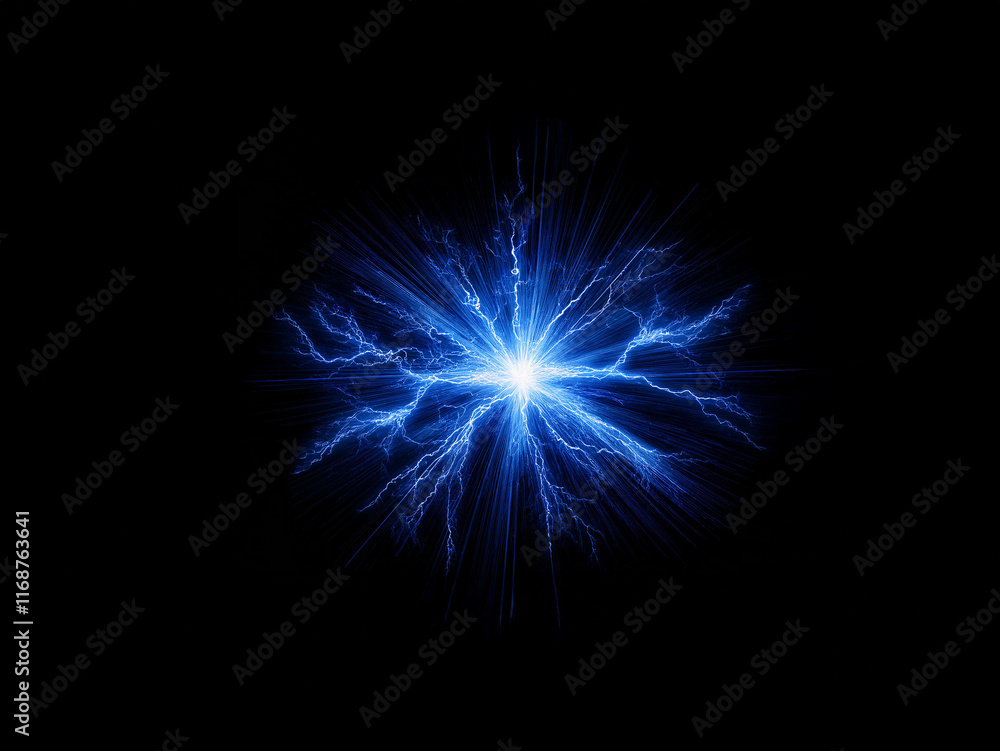 Poster a vibrant blue energy burst radiates outwards, its electric tendrils reaching into the inky black vo