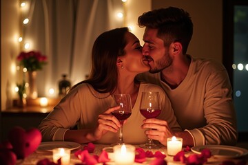 Romantic Couple Sharing Wine by Candlelight Amidst Rose Petals - Perfect for Valentine's Day, Anniversary, or Intimate Dinner