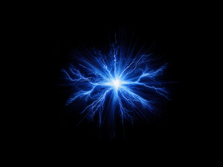 Fototapeta premium A vibrant blue energy burst radiates outwards, its electric tendrils reaching into the inky black void. The light emanates from a central point, creating a mesmerizing display of power.