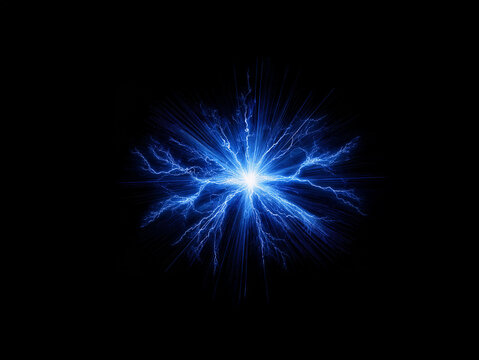 A vibrant blue energy burst radiates outwards, its electric tendrils reaching into the inky black void. The light emanates from a central point, creating a mesmerizing display of power.