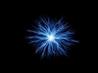 Fototapeta premium A vibrant blue energy burst, radiating outward from a central point of light against a stark black background. The intricate, branching lines evoke a sense of power and cosmic energy.