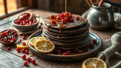 A stack of chocolate pancakes drizzled with honey and garnished with pomegranate seeds and lemon slices on a rustic wooden table