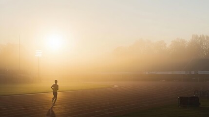 Fototapeta premium A runner jogs on a track at sunrise, surrounded by fog and soft morning light.