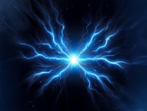 A mesmerizing cosmic butterfly, formed from bright blue energy streams, emanates a radiant glow against a dark, starry backdrop.  Its ethereal wings spread wide, creating a breathtaking celestial spec