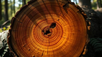 Close-up view of a tree trunk cross-section, revealing intricate growth rings and warm, amber tones in natural sunlight