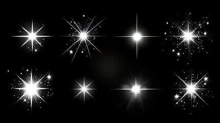 White Glow lighting Star. Collection of different light effects on black background.