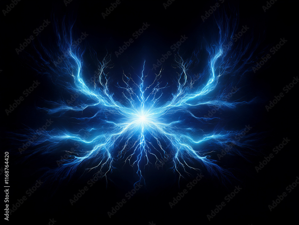 Poster a radiant, blue energy formation resembles a butterfly's wings, emanating a bright light from its co