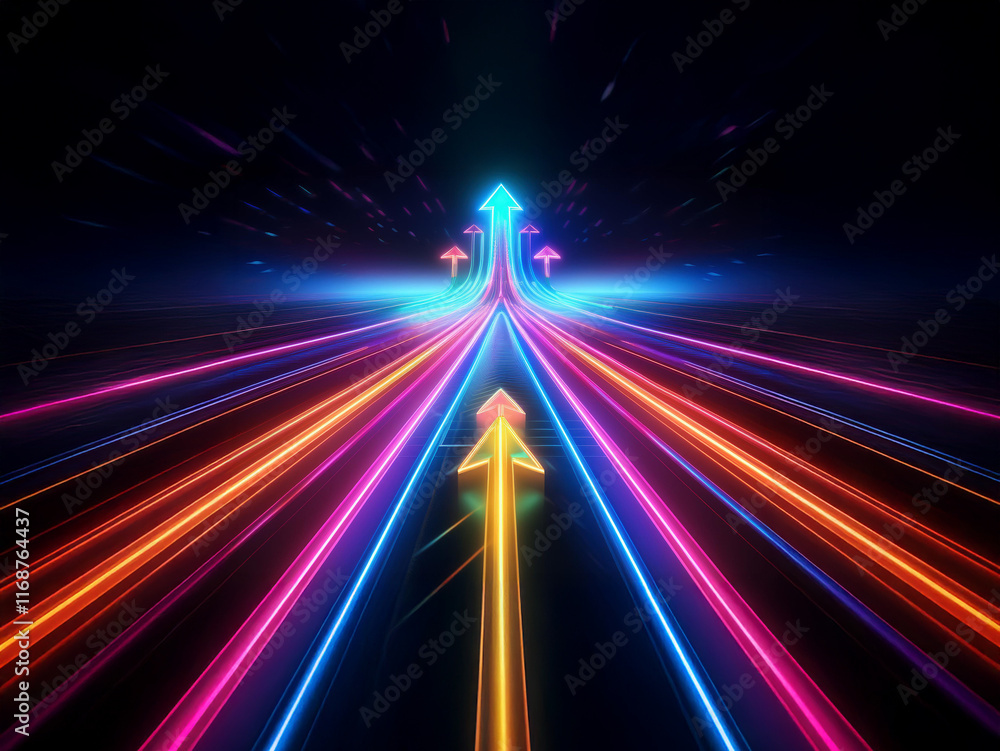 Poster vibrant neon arrows converge on a dark background, symbolizing growth, progress, and multiple paths 