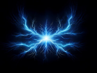 Fototapeta premium A radiant, blue energy formation resembles a butterfly's wings, emanating a bright light from its core against a dark background. The intricate, branching patterns evoke a sense of power and ethereal 