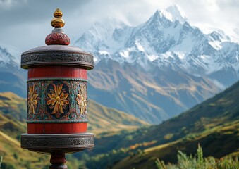 Obraz premium Serenity and Spirituality Tibetan Prayer Wheel Against Snow-Capped Mountains