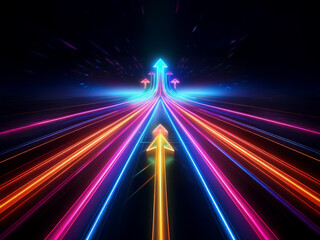 Vibrant neon arrows converge on a dark background, symbolizing growth, progress, and multiple paths leading to success.  The dynamic light trails suggest rapid advancement and futuristic technology.