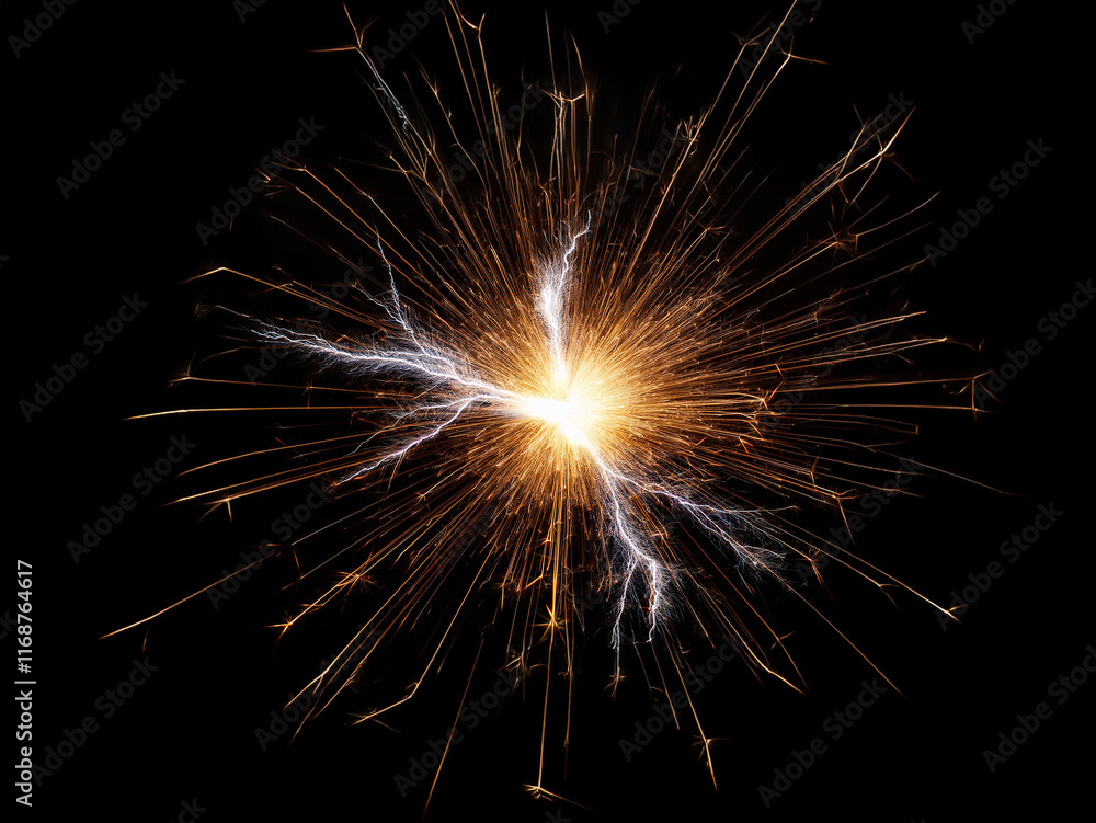 Poster a bright, golden sparkler bursts against a black background, its fiery trails radiating outward in a