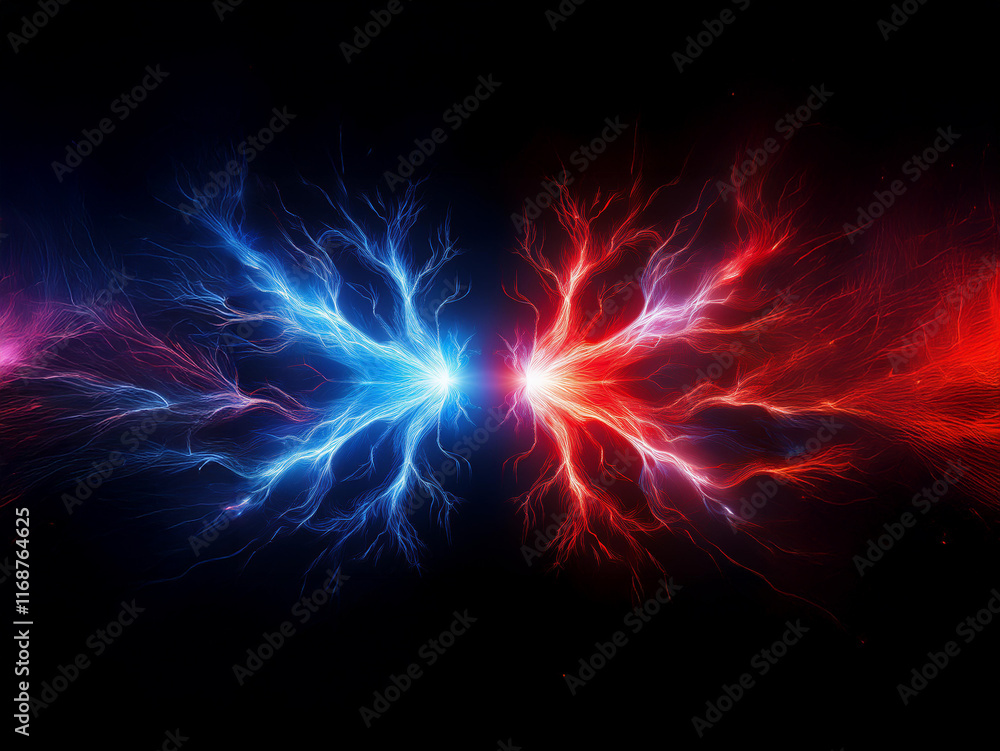 Poster clashing energies of blue and red electricity form a vibrant, symmetrical abstract design against a 