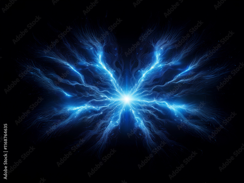 Poster a mesmerizing image of a luminous, blue energy burst, resembling a butterfly's wings, set against a 
