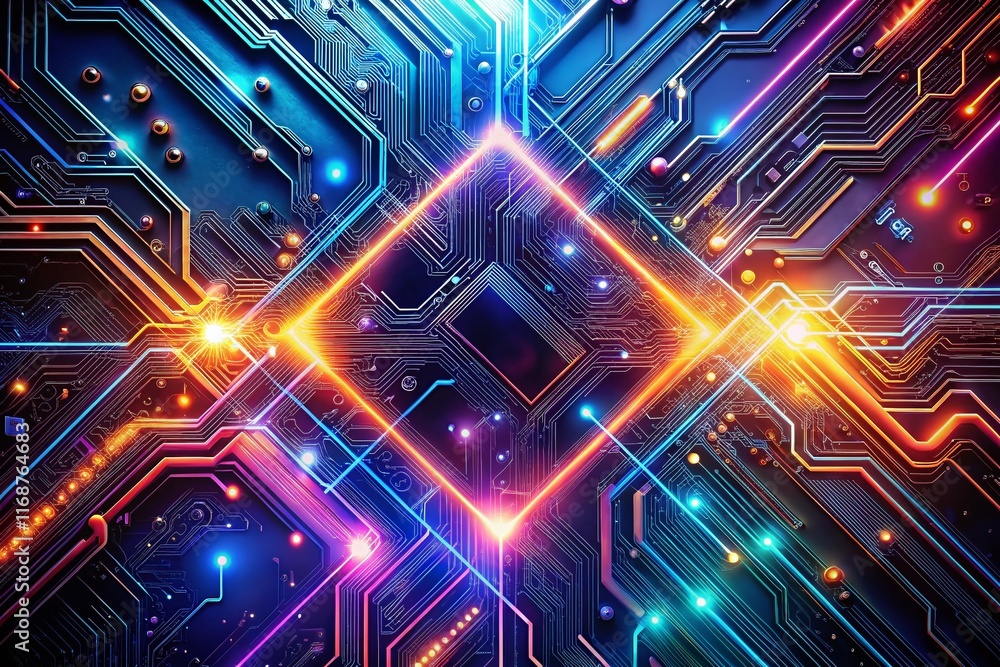 Poster futuristic electronic circuit board: abstract tech background with copy space