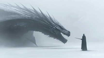 A knight fighting a dragon background side view realistic winter