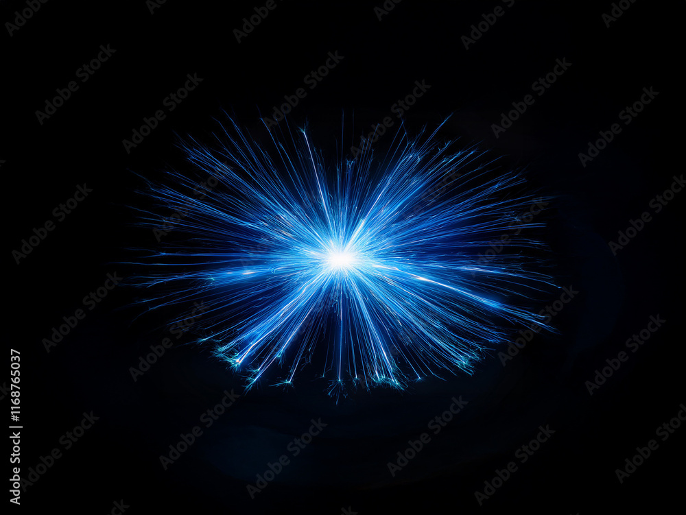 Poster A vibrant blue energy burst explodes from a central point against a pitch-black background, radiating light and motion.  The effect is dynamic and intensely luminous.