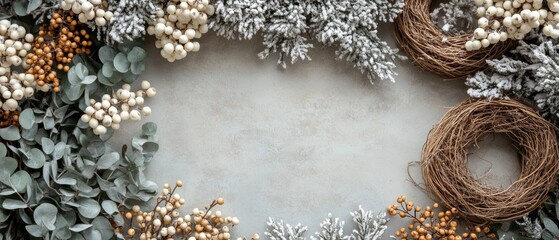 Rustic Flat Lay of Nature-Inspired Winter Wreath Materials for Creative DIY Crafts